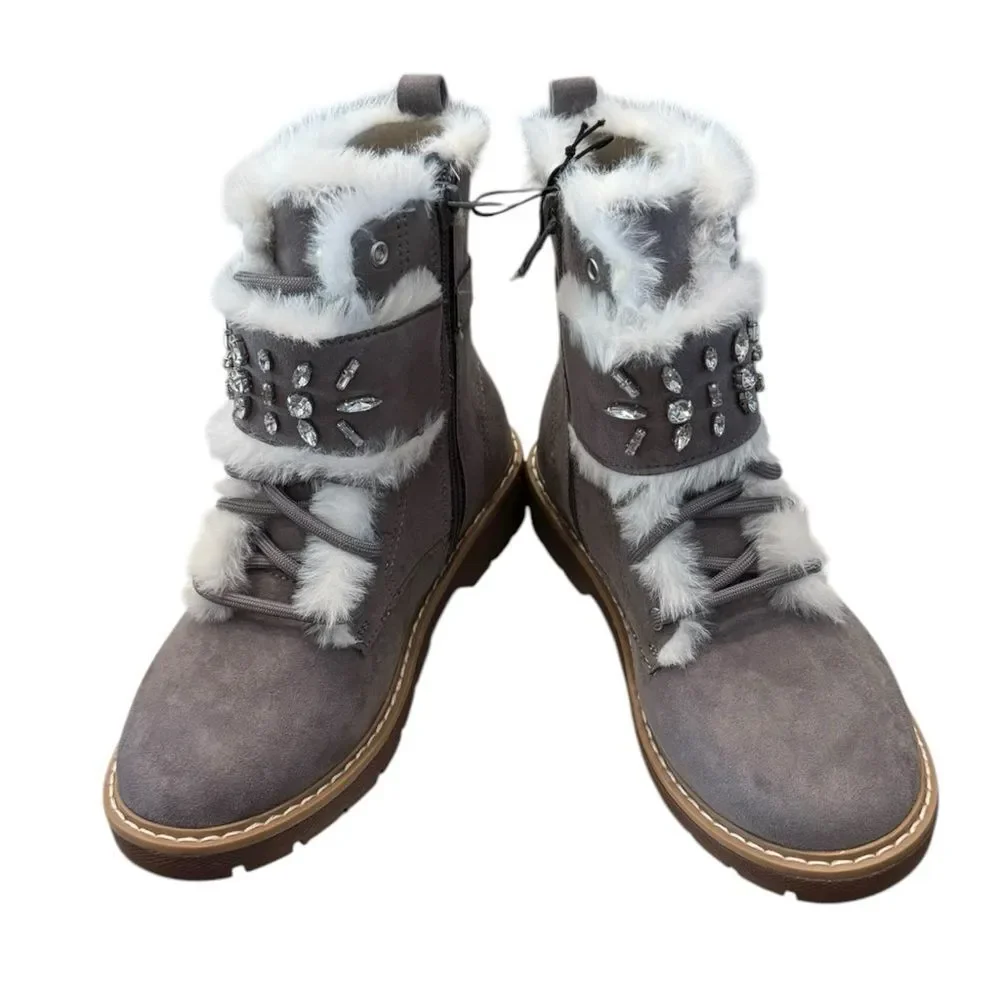 New Wonder Nation Gray Suede Boots White Fur Trim 2